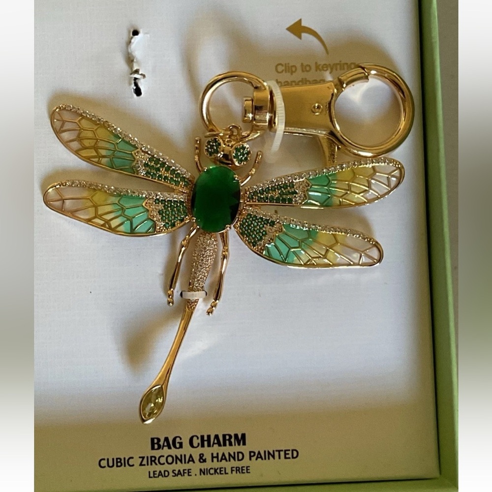 PIPER K Dragonfly Gold Hand-Painted with CZ Articulated Wings Bag Charm NEW NWT - Picture 7 of 15